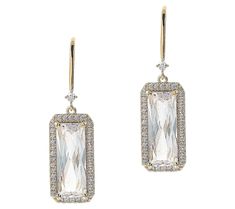 Scale up the elegance of your outfit with these dangle earrings each sporting a bold Diamonique simulated diamond bedecked with a sparkling halo. Classic Rectangular Party Earrings, Elegant Rectangular Diamond Earrings, Elegant Rectangular Diamond Earrings For Wedding, Party Halo Design Drop Diamond Earrings, Party Halo Design Diamond Drop Earrings, Formal Rectangular Earrings With Diamond Accents, Elegant Rectangular Earrings With Diamond Accents, Fine Jewelry Rectangular Earrings With Diamond Accents, Elegant Jewelry With Rectangular Stone For Party