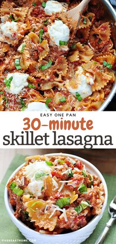 a skillet filled with pasta, cheese and parmesan on top of it