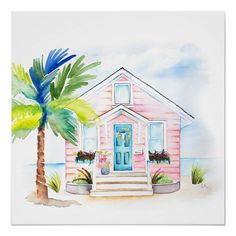 a watercolor painting of a pink house and palm tree