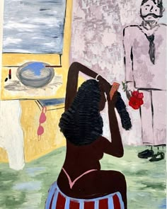 a painting of a woman sitting in front of a man standing next to a window