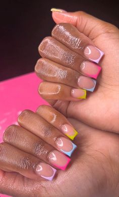 Square Nails Different Colors, Colored Short French Tip Nails, Colorful Short Acrylic Nails, Cute Short French Tip Nails With Design, Short Summer French Tip Nails, Colorful Nails Black Women, Summer Nails 2024 Black Women, Short Nail Styles Black Women, Colorful Charm Nails