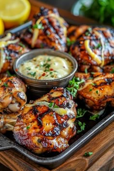 grilled chicken wings with dipping sauce and lemon wedges on a wooden platter