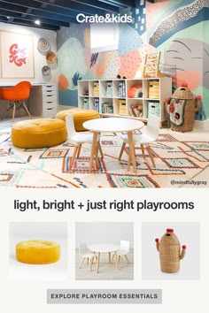 the children's playroom is shown with colorful furniture