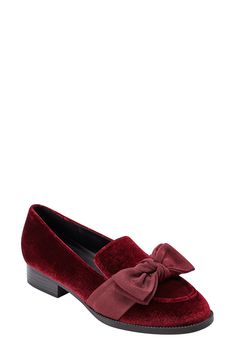 A grosgrain bow-tied ribbon adds a charming finish to a sophisticated loafer set on a stacked heel. Textile upper and lining/synthetic sole Imported Red Loafers, Velvet Loafers, Velvet Shoes, Stacked Heel, Boss Lady, Loafers For Women, Womens Flats, My Wardrobe, Loafer Shoes