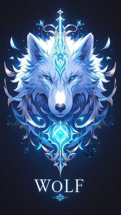 a wolf with blue eyes and an ornate design