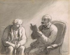 an old man sitting next to a woman in a chair while holding a book and looking at it