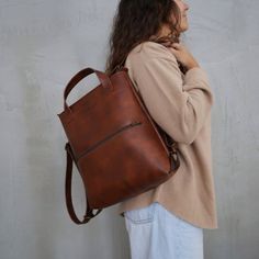 Convertible Handmade Bag,brown Vegan Leather Backpack,crossbody Shoulder Tote Pleather Bag,vegan Leather Handbag,water Resistant Rucksack - Etsy Brown Leather Backpack With Adjustable Strap For On-the-go, Brown Shoulder Bag Backpack For On-the-go, Brown Leather Backpack With Zipper For Daily Use, Brown Backpack Shoulder Bag For On-the-go, Brown Backpack Shoulder Bag For Travel, Brown Crossbody Backpack For Everyday Use, Brown Backpack For Everyday Use, Versatile Brown Leather Backpack With Zipper, Versatile Brown Leather Backpack