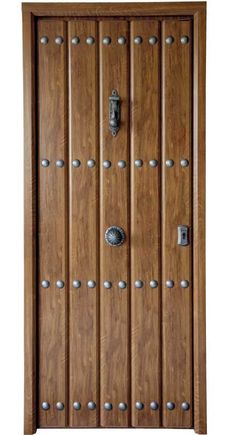 a wooden door with metal knobs on the front and side panels that are made out of wood