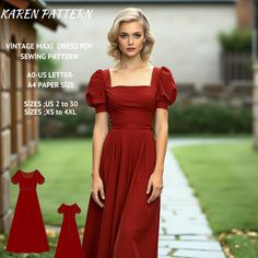 a woman in a red dress standing next to a brick building with the text, vintage max dresses for sew sewing pattern