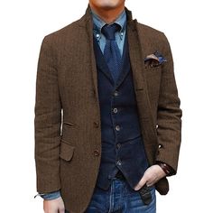 Category:Blazer; Season:Fall  Winter; Fabric:Tweed; Sleeve Length:Long Sleeve; Look After Me:Machine wash; Gender:Men's; Style:Retro Vintage; Elasticity:Micro-elastic; Occasion:Daily,Office; Outerwear Length:Regular; Fit Type:Plus Size; Pattern:Herringbone; Design:Basic; Neckline:Notch Collar; Outerwear Type:Tweed Blazer; Listing Date:11/14/2023; Bust:; Length:; Shoulder Width:; Sleeve:; Jacket Buttons:Single Breasted Two-buttons