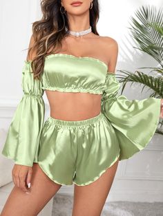 Lime Green Sexy  Long Sleeve  Plain Short Sets Embellished Non-Stretch  Women Sleep & Lounge Shorts And Top Set, Silk Pj Set, Satin Outfits, Tube Top And Skirt, My Own Brand, Shorts And Top, Frill Top, Dress Models