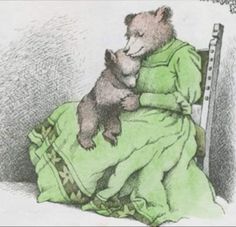 a drawing of a bear sitting on top of a bed next to a teddy bear