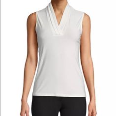 Add A Perfect Layering Piece To Your Wardrobe With Anne Klein's Sleeveless Top, Featuring A Pleated Neckline. New With Tag! Color: White Size: Xs Pullover Style V-Neckline With Pleats Sleeveless Size & Fit: Hits At Hip Materials & Care: Polyester/Elastane, Machine Washable Luxury White V-neck Blouse, Ruffle Neck Blouse, Pleated Neckline, Scoop Neck Blouses, Black Blouse Long Sleeve, Cream Blouse, Tie Blouse, Polka Dot Blouse, Black Blazers