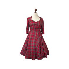 Beautiful 1950's inspired  tartan dress. Expertly made and finished to a high standard.  Diamond neckline, fitted midriff with 3/4 length sleeves and a full circle skirt! Lined bodice with a back zipper fastening. Made from stunning quality poly/viscose mix medium weight tartan fabric in Royal Stewart red or Black Watch emerald.  Length is 25" from waist. Message for an alternative length or fabric option.                UK sizes & measurements     Bust-Waist- size 6 ~   31-24-33" size8  ~    32 Fitted Knee-length Plaid Dress For Fall, Fall Fitted Knee-length Plaid Dress, Plaid Dresses For Fall Party, Fitted Midi Length Plaid Dress, Classic Fitted A-line Vintage Dress, Plaid Fitted Knee-length Midi Dress, Fitted Full Skirt Dress For Fall, Elegant Fitted Plaid Dress With Short Sleeves, Red Fitted Tea-length Dress