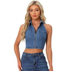 Made of denim fabric, stretchy and breathable to wear, this chic vest offers excellent flexibility, dynamic comfort, and a perfect fit for all day long. The trendy halter neck and cropped design enhance the body's natural silhouette and create a casual and elegant look. The cropped casual denim is versatile to match with jeans, shorts, and skirts, or you can wear it under a shirt, jacket, coat, or cardigan. Stretch Denim Sleeveless Tank Top, Trendy Stretch Sleeveless Denim Top, Trendy Sleeveless Stretch Denim Top, Stretch Denim Blue Sleeveless Crop Top, Stretch Sleeveless Medium Wash Denim Top, Fitted Denim Blue Sleeveless Tank Top, Sleeveless Denim Blue Crop Top, Trendy Cropped Blue Vest, Fitted Sleeveless Crop Top In Medium Wash