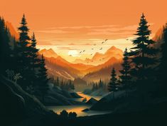 a painting of mountains and trees with birds flying in the sky at sunset or dawn