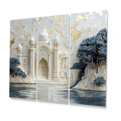 three pieces of art with trees and water