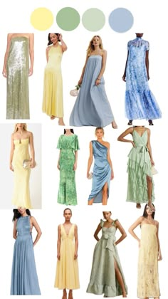 different dresses are shown in various colors and sizes, including blue, green, yellow, pink