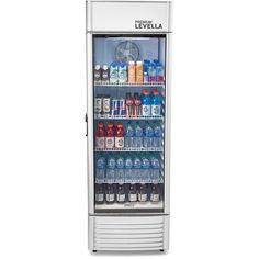 an image of a beverage cooler with drinks in it's door and shelves on the side