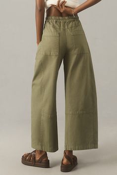 Meet Izzie, our pull-on rendition of the barrel pant trend, complete with a gently tapered leg, lightweight twill, and glowing reviews. | The Izzie Relaxed Pull-On Barrel Pants by Pilcro in Green, Women's, Size: Largearge, Cotton/Elastane at Anthropologie Pull On Jeans For Women, Ruffle Pants Outfit Women, Travel Clothes Women Summer, Clothes For Apple Shaped Women, Gardening Attire, South Africa Clothes, Pant Inspiration, Athleisure Office, Middle Aged Women Fashion