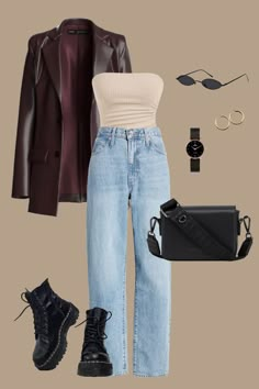 Elevate your street style with this bold and edgy fall outfit! This ensemble features light blue high-waisted straight-leg jeans, a chic beige strapless top, and a statement maroon leather jacket that adds a touch of sophistication and attitude. The outfit is perfectly complemented by black combat boots for a grunge-inspired look, and a sleek black crossbody bag for practicality with style. Accessorize with gold hoop earrings, a black minimalist watch, and trendy black sunglasses to complete the ensemble. Whether you're exploring the city or heading out for a night with friends, this outfit will make sure you stand out in the crowd. Discover more fashion-forward looks that will keep you stylish all season long. Bold Minimalist Fashion, Casual Chic Edgy Style, Maroon Combat Boots Outfit, Light Blue Jeans Black Boots, Fall Outfits With Combat Boots, Long Black Boots Outfit Jeans, November Going Out Outfits, Combat Boots Office Outfit, Straight Jeans Outfit Women