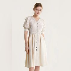 J.Ing Nude / Off White French Style Midi Dress - V Neck Short Sleeve Midi Dress - Button Down Style - 100% Polyester Runs Small Order One Size Up Knee-length Midi Dress With Buttons For Brunch, Cream Button-up Dress With Buttons, Cream Buttoned Dress For Daywear, White Dresses With Button Closure, Cream Button Dress For Daywear, Cotton V-neck Midi Dress With Button Closure, Beige Button-up Daywear Dress, Beige Button-up Dress For Daywear, Beige Cotton Dress With Buttons