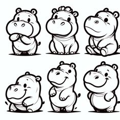 four hippos sitting and standing in different positions