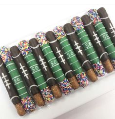 football themed chocolate covered pretzels with sprinkles