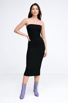 When sleek is spectacular. Our strapless midi Natalia Dress is the versatile LBD you’ve been waiting for, now in an updated no-slip design. Our soft, structured and mid-stretch European ponte fabric lined with soft mesh gives her a smoothing fit, while her sleek silhouette makes Natalia effortless to dress up or down. Wear her to date-night cocktails just as easily as you might to run around the corner—Natalia will go everywhere with you. | Yada, in black, is 5'9" (175 cm) tall, wearing size XS. Ponte Fabric, Black Midi, The A Team, Winter Clothing, Around The Corner, Fitted Dress, Fall And Winter, French Terry, Dress Making