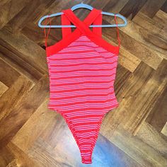 Red And Pink Striped Bodysuit From Zara Never Worn! New Without Tags Red Stretch Sleeveless Bodysuit, Red Sleeveless Stretch Bodysuit, Red Sleeveless Bodysuit For Spring, Red Beachwear Bodysuit With Lined Body, Red Lined Bodysuit For Beachwear, Red Sleeveless Bodysuit For Beachwear, Red Casual Bodysuit For Spring, Casual Red Bodysuit For Spring, Sleeveless Red Bodysuit For Beachwear