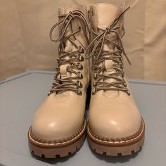 Made In Spain 6.5 Leather Women’s Boots Nwot Beige Leather Combat Boots With Round Toe, Trendy Beige Ankle-high Combat Boots, Trendy Beige Lace-up Combat Boots, Spring Beige Lace-up Combat Boots, Beige Leather Lace-up Combat Boots, Leather Women, Bootie Boots, Ankle Boots, Women Shoes