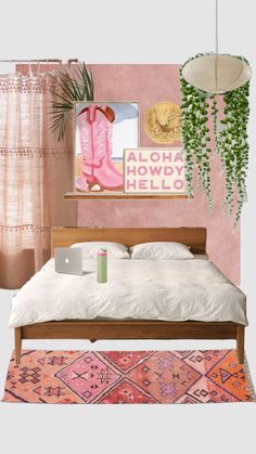 a bedroom with pink walls and rugs on the floor