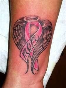 a pink ribbon and angel wings tattoo on the wrist