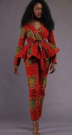 A well fitted suit set suitable for events This Ankara peplum jacket and pants is made with 100% African wax cotton, The pants has pocket and zipper for easy wear. This outfit will make you appear elegant giving you a simplistic look! This stunning outfit is made with love in Nigeria Custom measurements are welcomed (preferred) but its absolutely fine if you don't have your measurements, We can guide You using Our size chart. Measurements needed: Bust Waist Hip Thigh Height Care instructions: *W African Women Dresses, Ghanaian Fashion, African Fashion Designers, Afrikaanse Mode, Dresses African, African Designs, African Fashion Ankara, African Outfits, Ankara Fashion