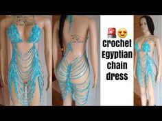 two pictures of a mannequin with chains attached to it's sides and the words crochet egyptian chain dress