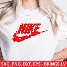 a woman with blonde hair wearing a white shirt and red nike logo on her t - shirt