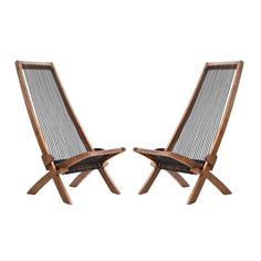 two wooden chairs sitting next to each other