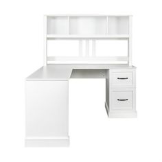 a white desk with two drawers and a bookcase on it's top shelf