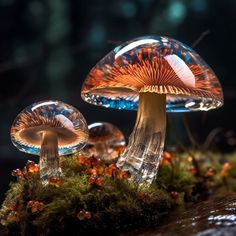 two small mushrooms sitting on top of a moss covered ground