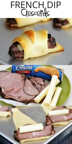 this is an image of ham and cheese rolls on a baking sheet with the words, how to make french dip crescents