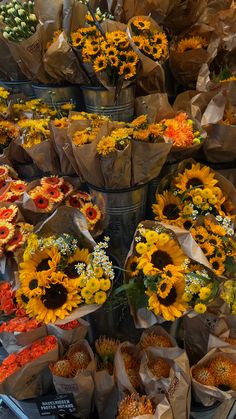 many sunflowers and other flowers are on display