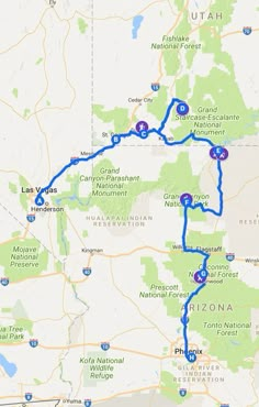 a map showing the route for arizona and other states with blue circles on it,