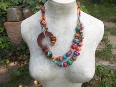 Wooden Hand Painted Colorful Decorative Beads Rainbow Necklace Wrapped Yarn Fiber Art Boho Vintage Handmade Unique Beaded Statement Gift - Etsy Wooden Bead Necklaces, Blue Yellow Orange, Decorative Beads, Rainbow Necklace, Inspired Necklace, Textile Jewelry, Wooden Hand, Boho Vintage, Bohemian Fashion