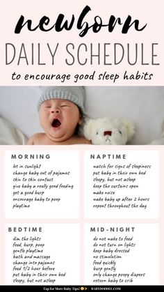 a baby sleeping on top of a bed with the words newborn daily schedule written above it