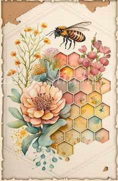 a bee is flying over a honeycomb with flowers and bees on it's side