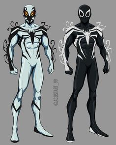 two different types of spider - man suits, one in white and the other in black