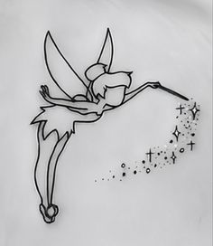 a black and white drawing of a tinkerbell with stars coming out of it