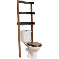 a toilet with a wooden shelf next to it