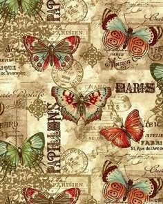 a fabric with butterflies on it and the word paris written in red, green, blue and