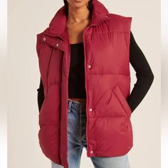 Abercrombie & Fitch Oversized Puffer Vest Red S Small Nwt $99 New With Tags Oversized From Zip And Snap Stand Collar Side Front Welted Hand Pockets Adjustable Hem Bungie Cord Oversized Burgundy Winter Outerwear, Oversized Burgundy Outerwear For Winter, Red Fall Puffer Jacket, Red Puffer Outerwear For Fall, Red Puffer Jacket For Fall, Red Oversized Outerwear For Fall, Burgundy Winter Outerwear For Cold Weather, Oversized Puffer Vest, Feather Vest